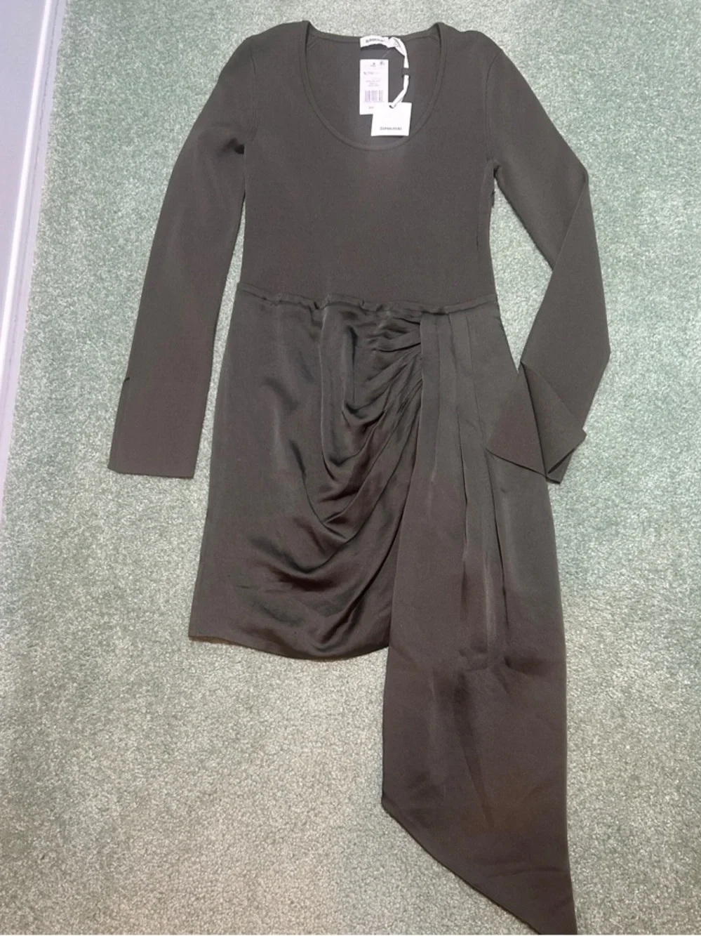 NWT SIMKHAI Springer Moss Green Long-Sleeve Mixed Media Mini Dress - Picture 3 of 14